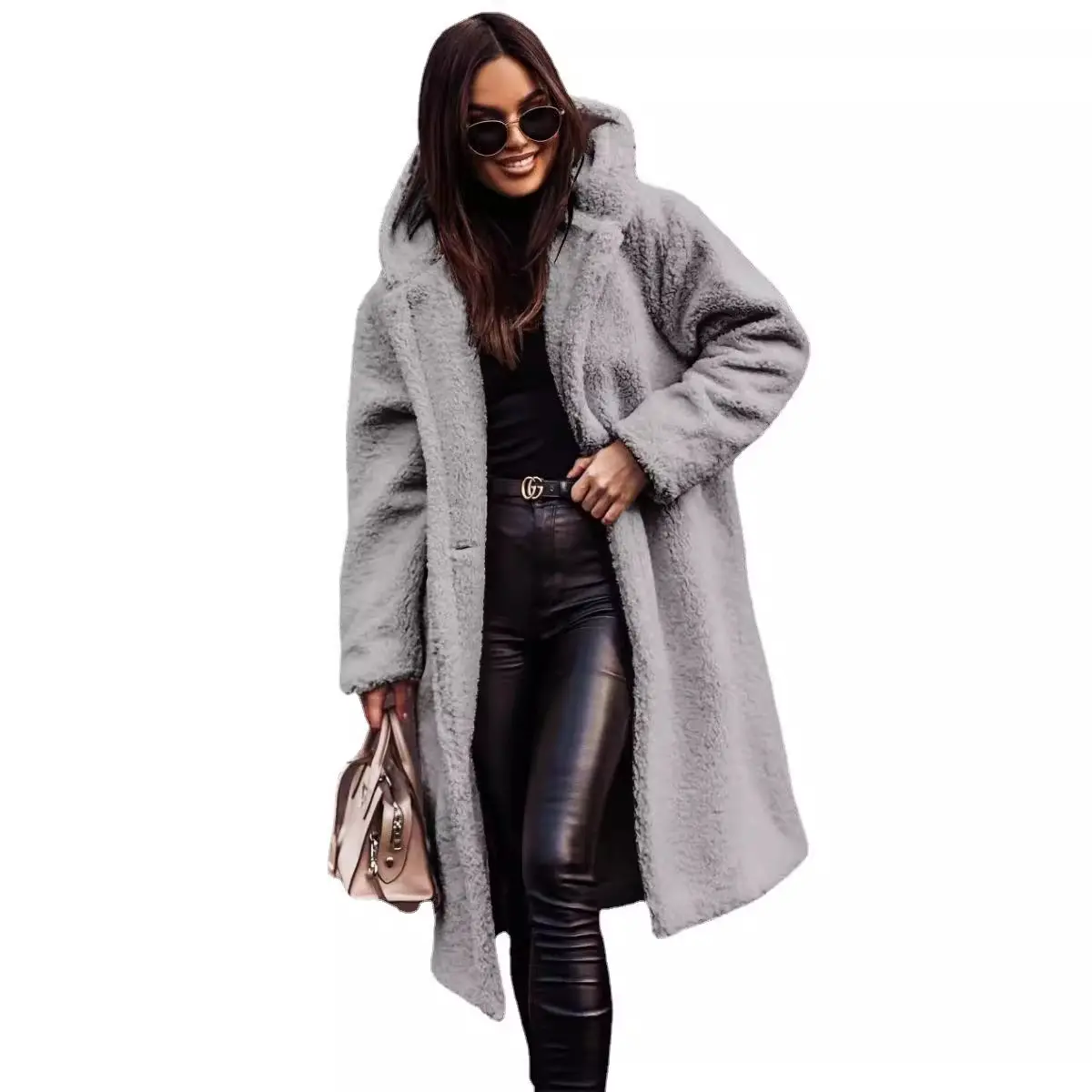 Women Hooded Sherpa Long Coat Winter Fuzzy Fleece Teddy Jacket Button Pocket Loose Warm Outerwear