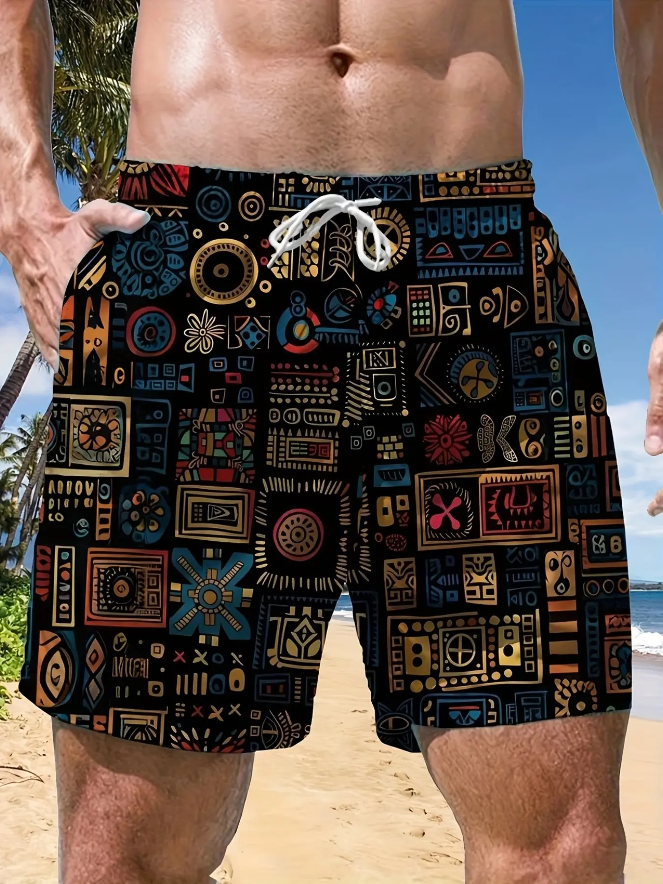 Men's Drawstring Quick-Dry Beach Swim Trunks, Vintage Tribal Geometric Print Surf Shorts, Casual Summer Vacation Wear, All Seasons