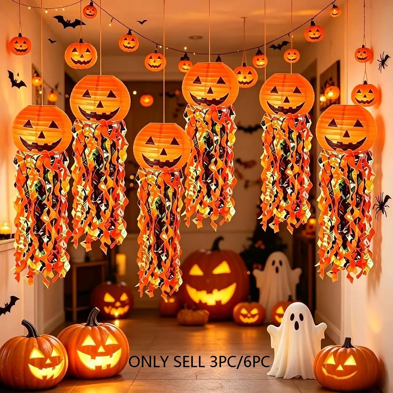 Halloween Jack-O-Lantern Ghost Decorations, Paper Pumpkin Lanterns with Streamers, Perfect for Indoor Halloween Party, Outdoor Yard, Home Decor, Trick Or Treat Event, Spooky Hanging Ornaments
