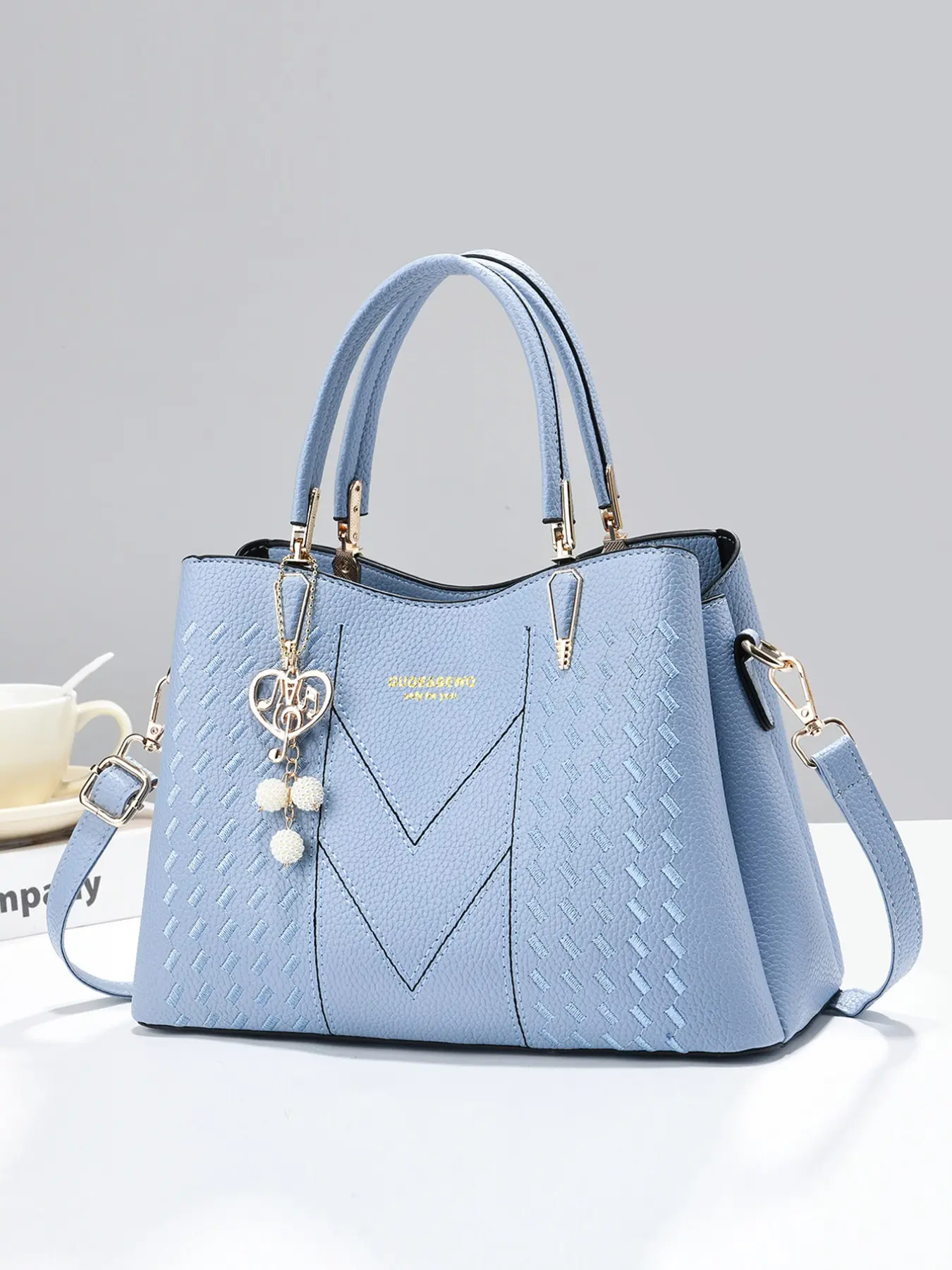 Fashion Pastel Blue Textured Top Handle Purse, Woven Emboss Pattern Crossbody Tote Bag, Casual PU Satchel with Heart Pendant, All Seasons, Crossbody Handbag