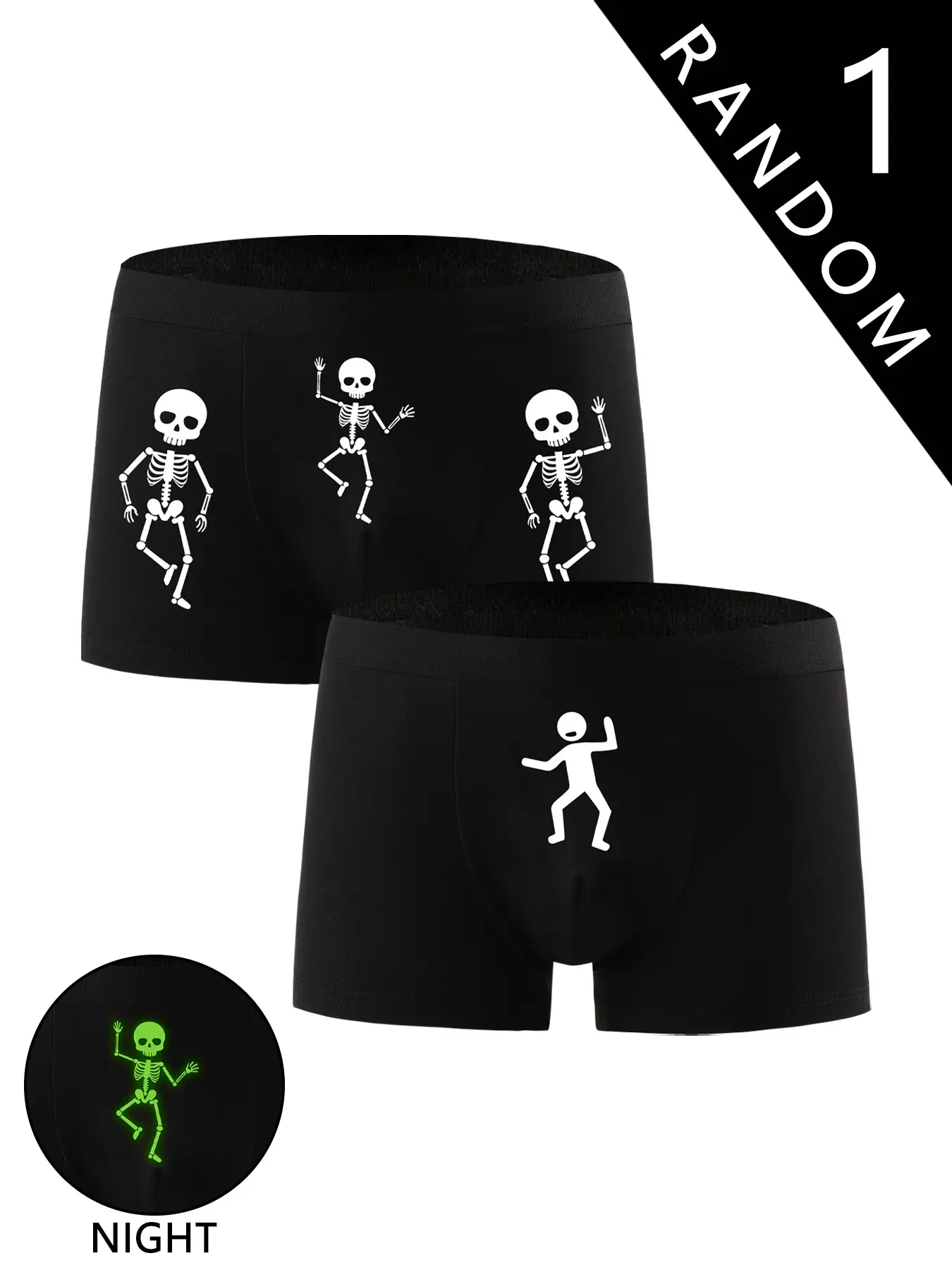Men's Night Glow Dancing Skull Boxer Briefs, Halloween Theme Fun Skeleton Print, Soft Breathable Mid-Waist Casual Underwear, Party Gift