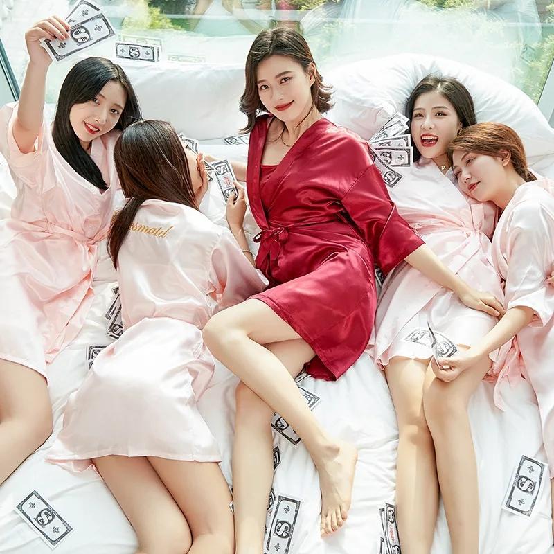 Bride Bridesmaid Wedding Robe Embroidery Kimono Bathrobe Gown Nightgown Casual Satin Short Women Sexy Nightwear Sleepwear