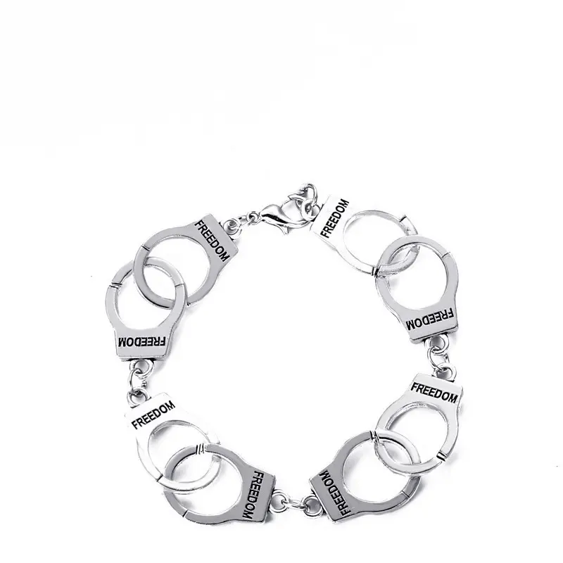 Halloween decor 2026 Y2K Grunge Handcuff Link Bracelet Silver Freedom Engraved Statement Jewelry Alt Fashion Streetwear Accessories Matching Couples Gift Idea Spooky Season