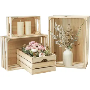 Large Wooden Crates Unfinished Set of 4 Storage Crates, Decorative Wood Storage Crate for Display Rustic, Nesting Wooden Container Boxes Made from 100% Wood