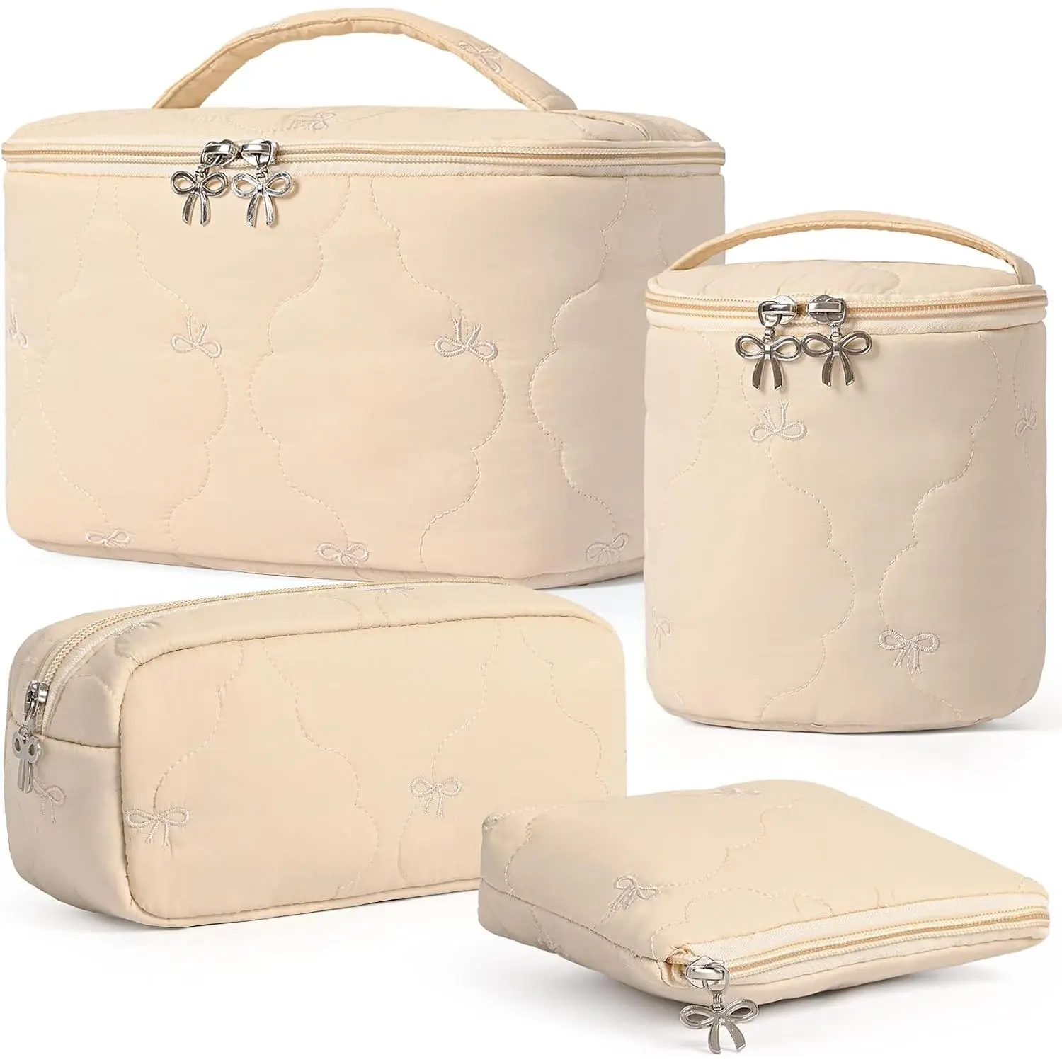 4 count Quilted Makeup Bag Set, Bowknot Puffy Makeup Bag w/Bow Zipper