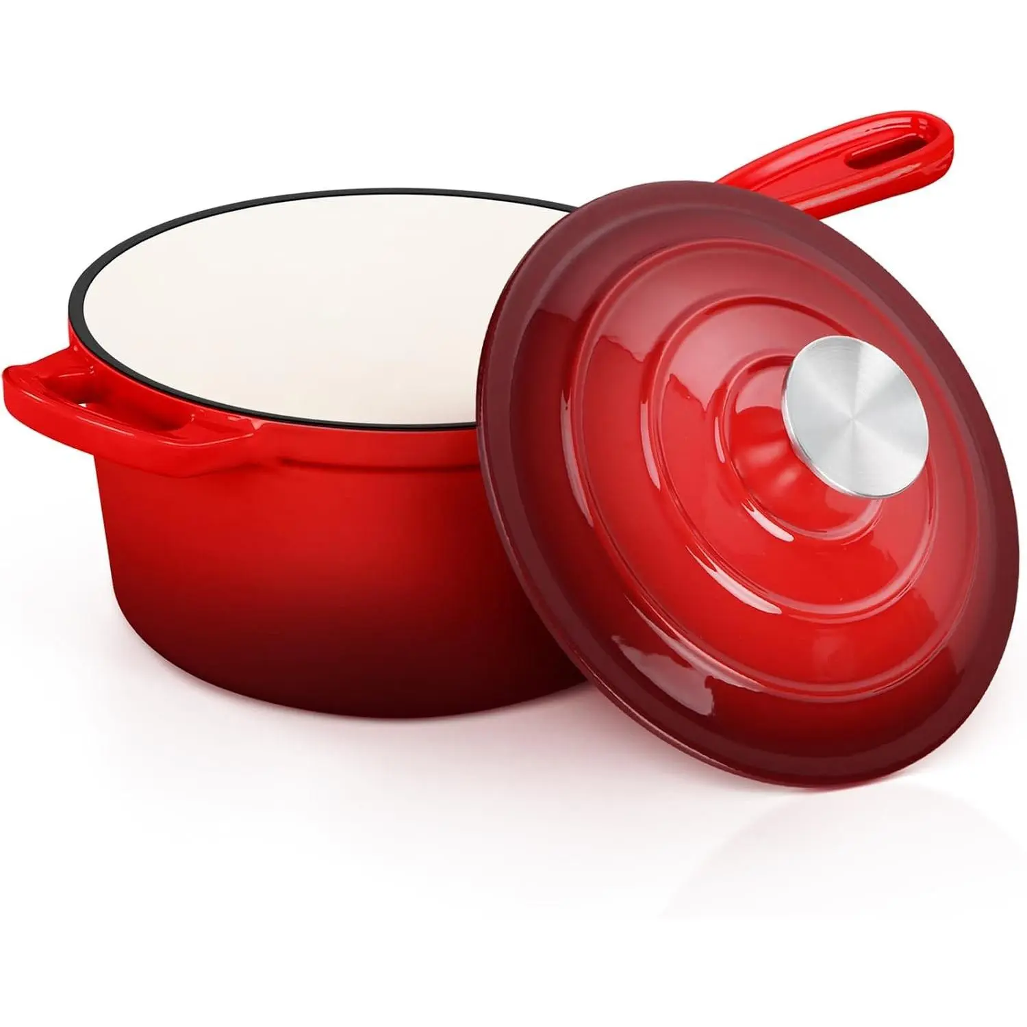 E-far Enameled Cast Iron Sauce Pan with Lid, 1 Quart Dutch Oven Saucepan, Mini Sauce Pot for Cooking, Boiling, Healthy & Non Toxic, Induction & Oven Safe, Red