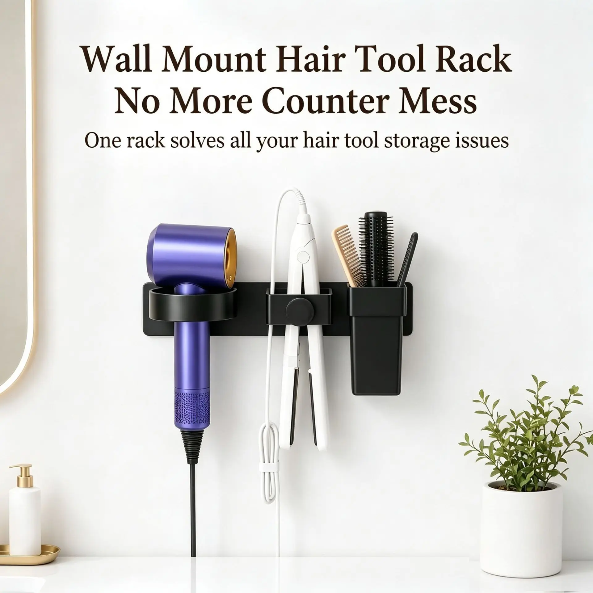 Wall-Mounted Hair Styling Tool Organizer, No-Drill Hair Dryer Curling Iron Straightener Holder, Bathroom Hardware Storage Rack, Organize Various Hair Tools