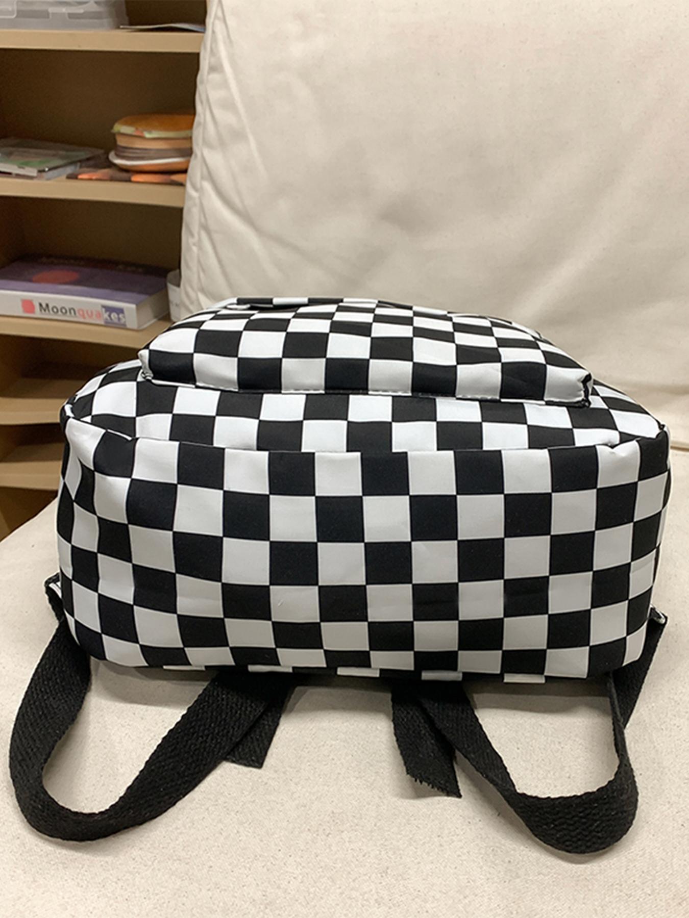 Checkerboard Pattern Backpack & Lunch Bag & Pencil Case Set, Casual Large Capacity School Bag Set for Women & Men, Fashionable Backpack Set for Daily Use