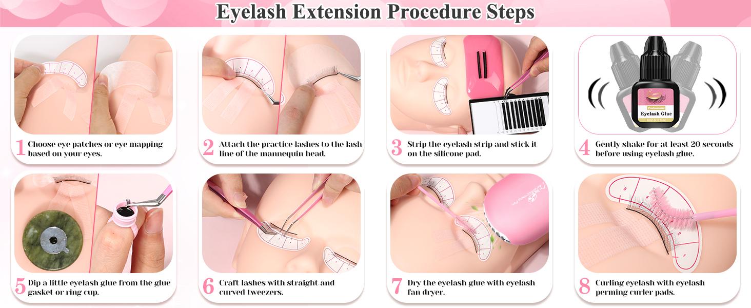 Lashes Kit for Eyelash Extension Beginner Lash Tech Starter Kit with Eye Lash Mannequin Head, Professional Eyelash Extension Kit with Lash Fan, Extension Glue and Eyelash Remover for Practice
