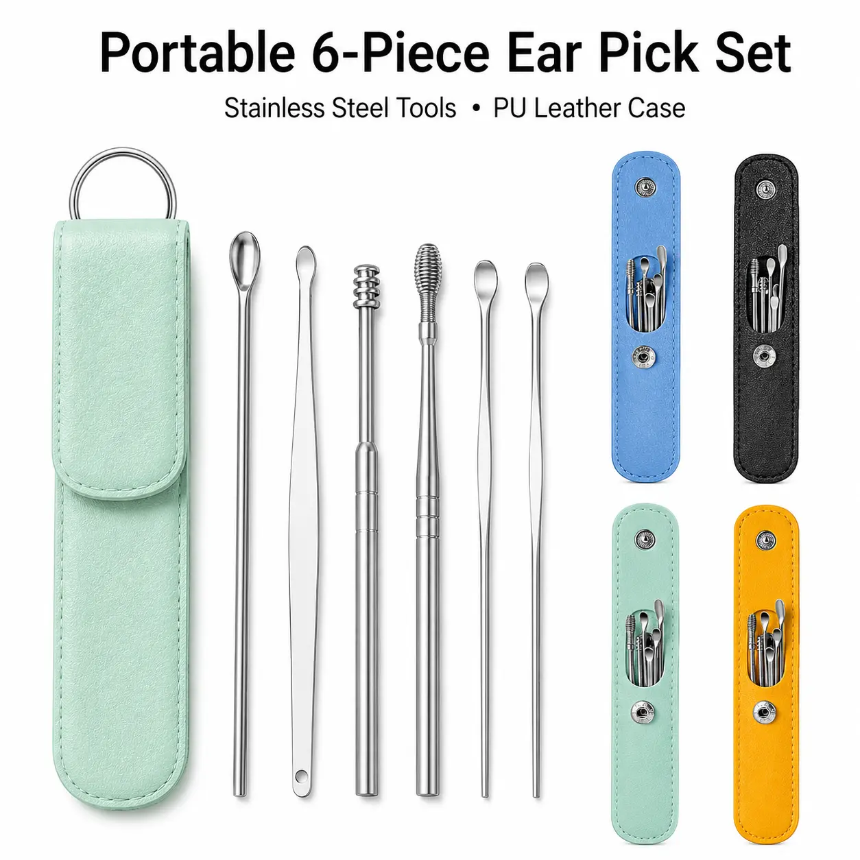 6 Counts Set Stainless Steel Spiral Ear Massage Cleaning Tool,Stainless Steel Earwax Removal Tool kit,Mini Portable Ear-YY1