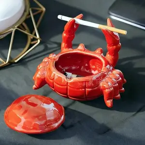 Cute crab-shaped ceramic ashtray with lid, windproof design for outdoor yards. Creative table decor for home and office, a unique gift choice for all smokers.