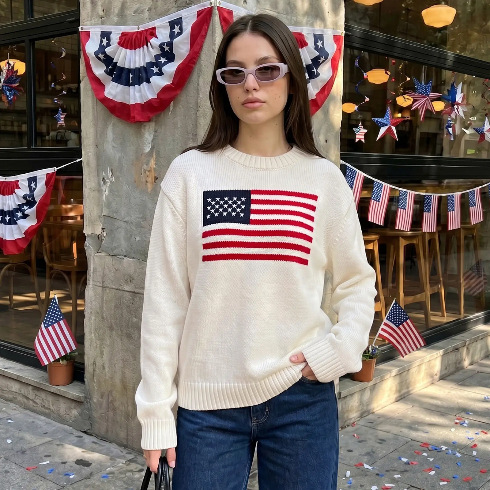 Women's Long Sweaters Flag Patterned Long Sleeve Round Neck Ribbed Loose Knitted Tops American Flag Y2k Coquette Oversized Casual Pullover Sweater For Daily Streetwear