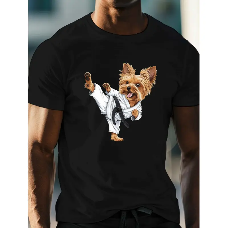 Men's Yorkshire Terrier Martial Arts T-Shirt – Casual Crew Neck, Short Sleeve, 100% Polyester Knit Fabric, Slight Stretch, Regular Fit, Lightweight Summer Top – Geometric Pattern Design