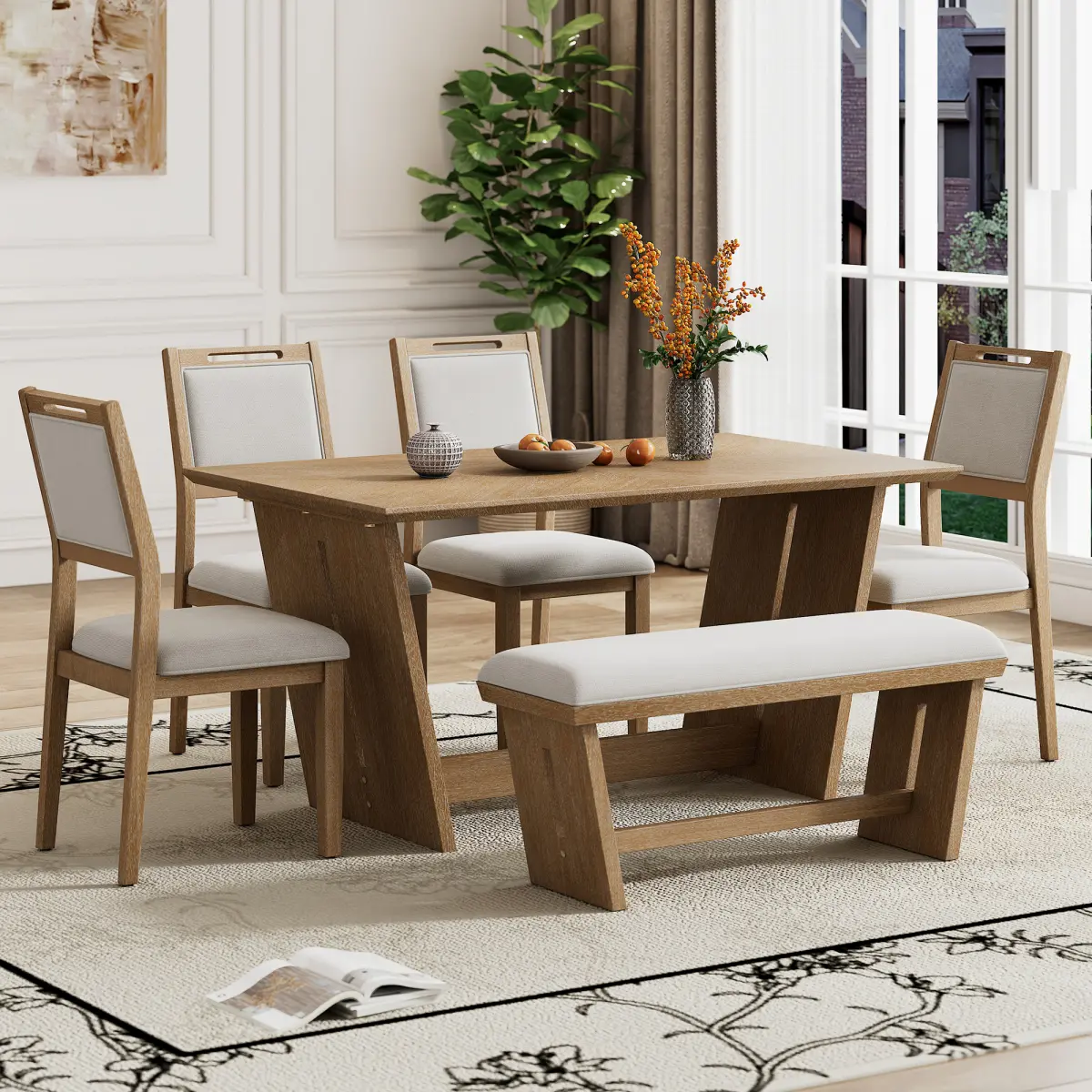 59.8" Retro Dining Table Set for 6 – 8-Piece Vintage Rustic Kitchen Dining Set with 6 Upholstered Chairs & Bench, Trapezoidal Base, Rubber Wood, Natural Wood Wash