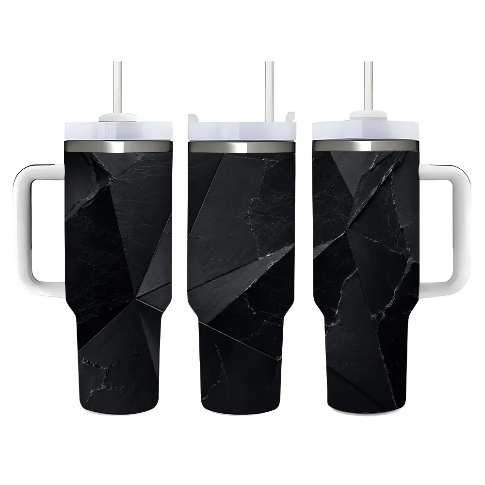 40oz Elegant Black Geometric Marble Pattern Stainless Steel Tumbler， Tumbler with Handle and Straw Double Wall Vacuum Insulated Travel Mug， Coffee Cups With Lids， Perfect Gifts For Birthday Holidays.