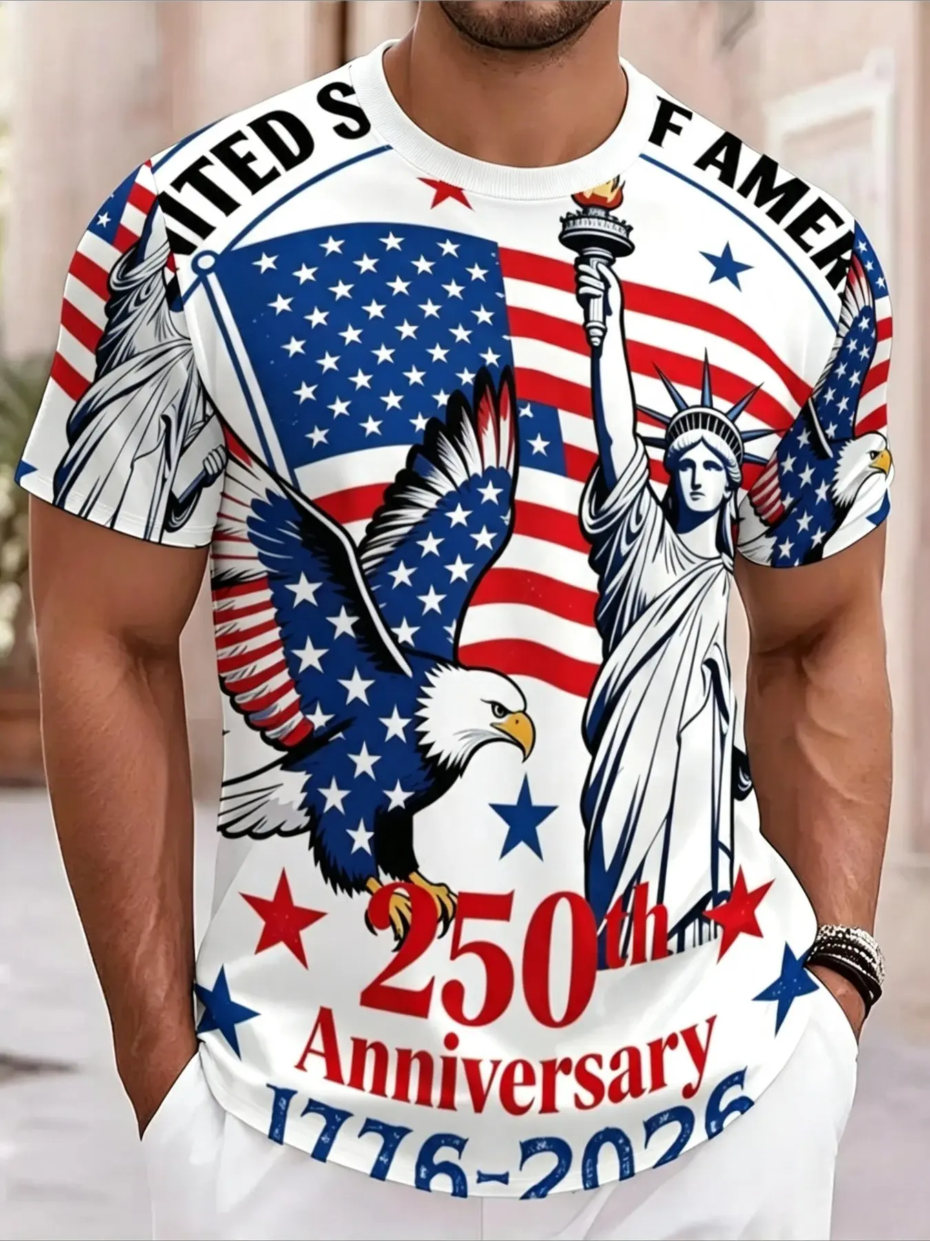 American Anniversary 1776-2026 Classic Short Sleeve T-Shirt, Patriotic Print, Unisex Round Neck, Breathable Quick-Dry, Outdoor Fashion