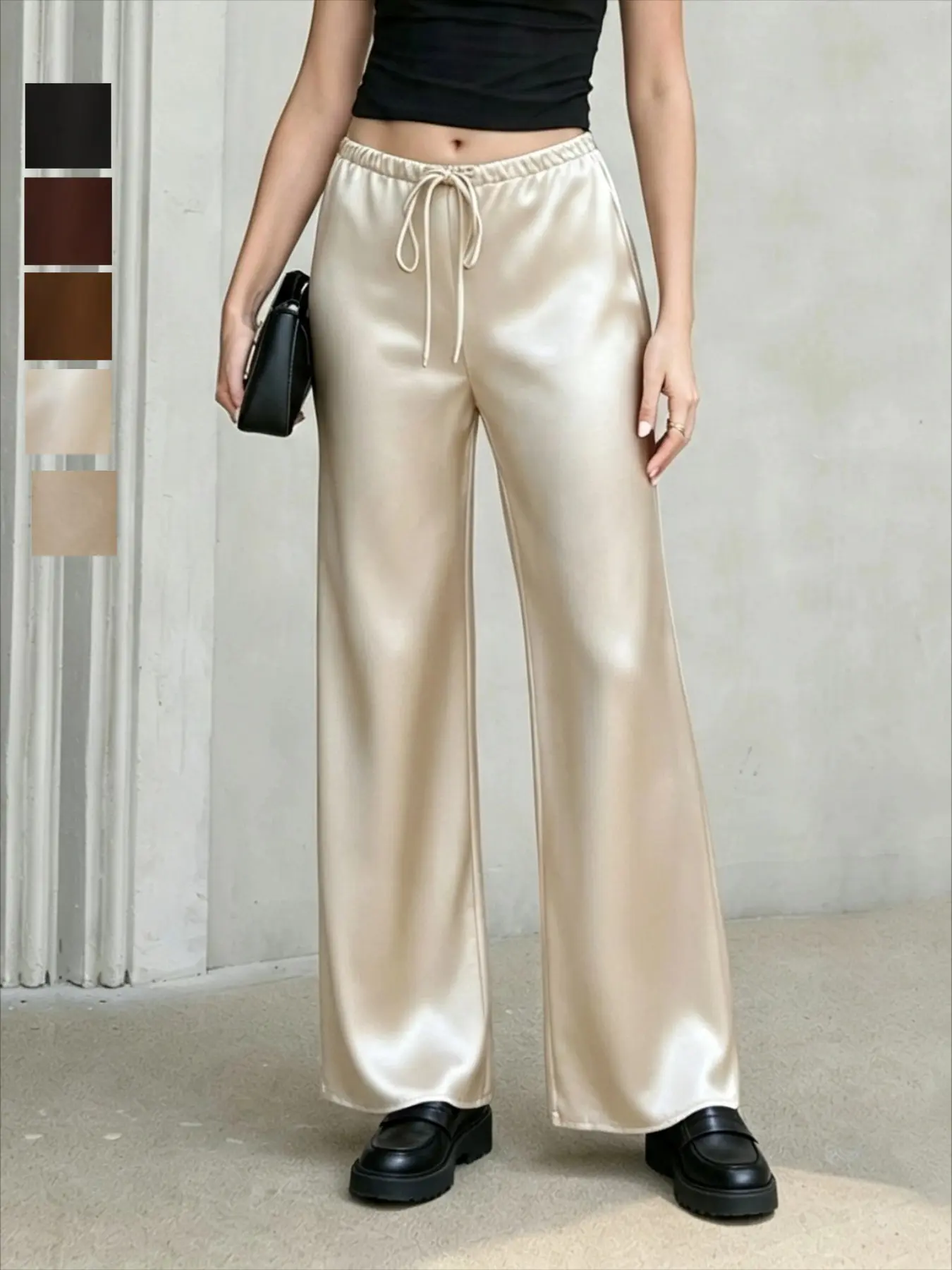 Luxury Fashion Women's High-Waist Drawstring Wide-Leg Pants, Solid Color Satin Long Pants, All-Season Slim-Fit Office Wear Bottoms