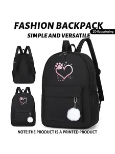 Cat Paw Heart Print Backpack, Starry Design, Nylon, Adjustable Straps, Zip Closure, Ideal for School, Travel, Commute