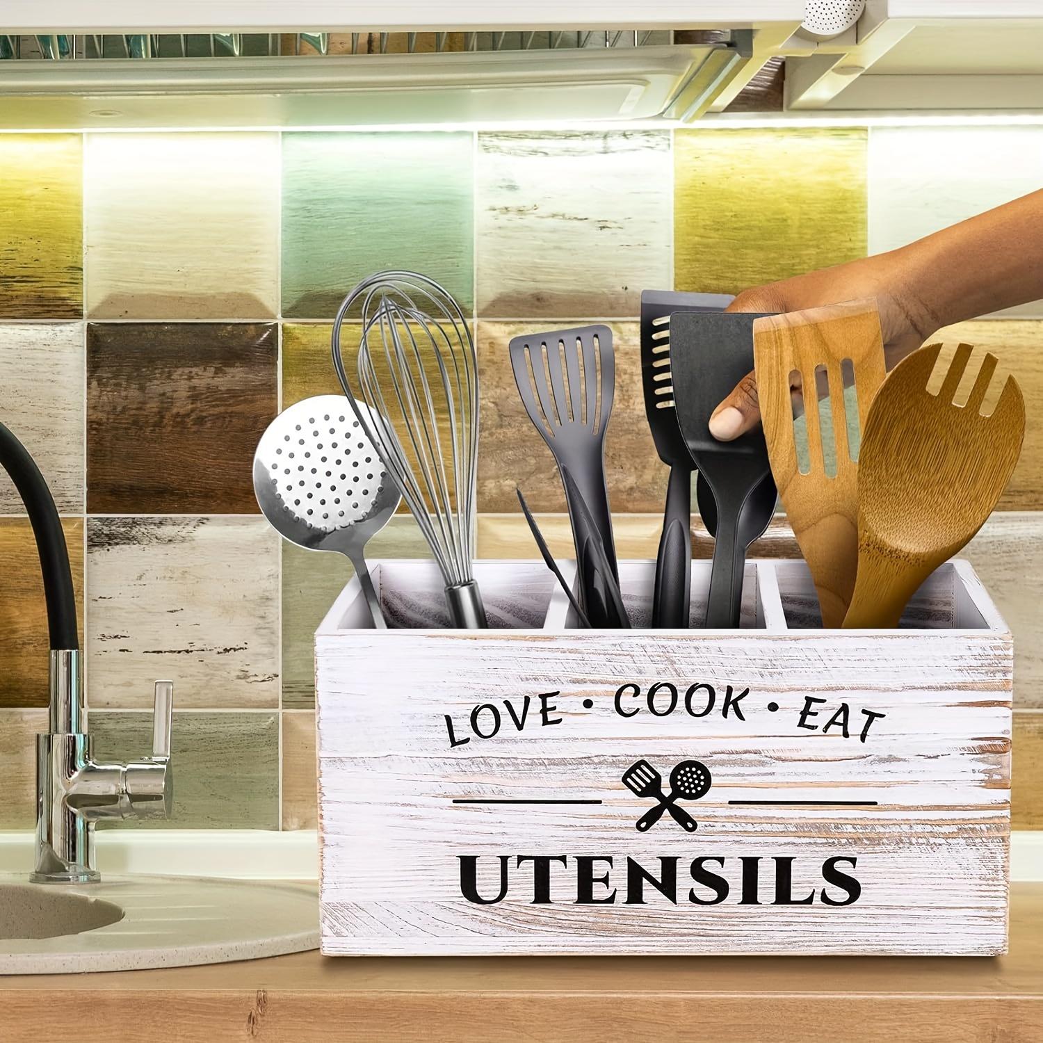 Kitchen Utensil Storage Box, 1 Count Wooden Kitchen Utensil Holder, Desktop Cutlery Storage Box, Home Organizer for Kitchen Accessories, Bedroom, Desk, Home Decor Organiser