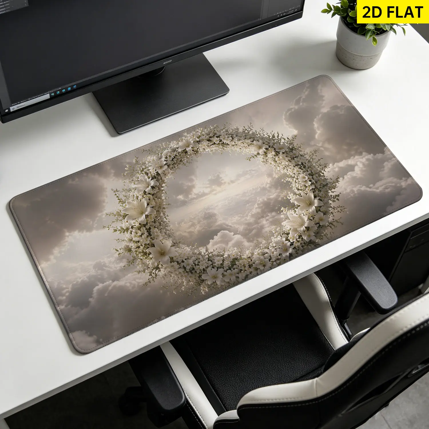 Extra Large white lily floral wreath sky Mouse Pad,Non Slip Rubber Pad,Desktop Decoration Drotection Pad,Washable,Lock Edge Multi Size,Premium Multipurpose Mousepad For Home,Office,Gift for Family and Friends