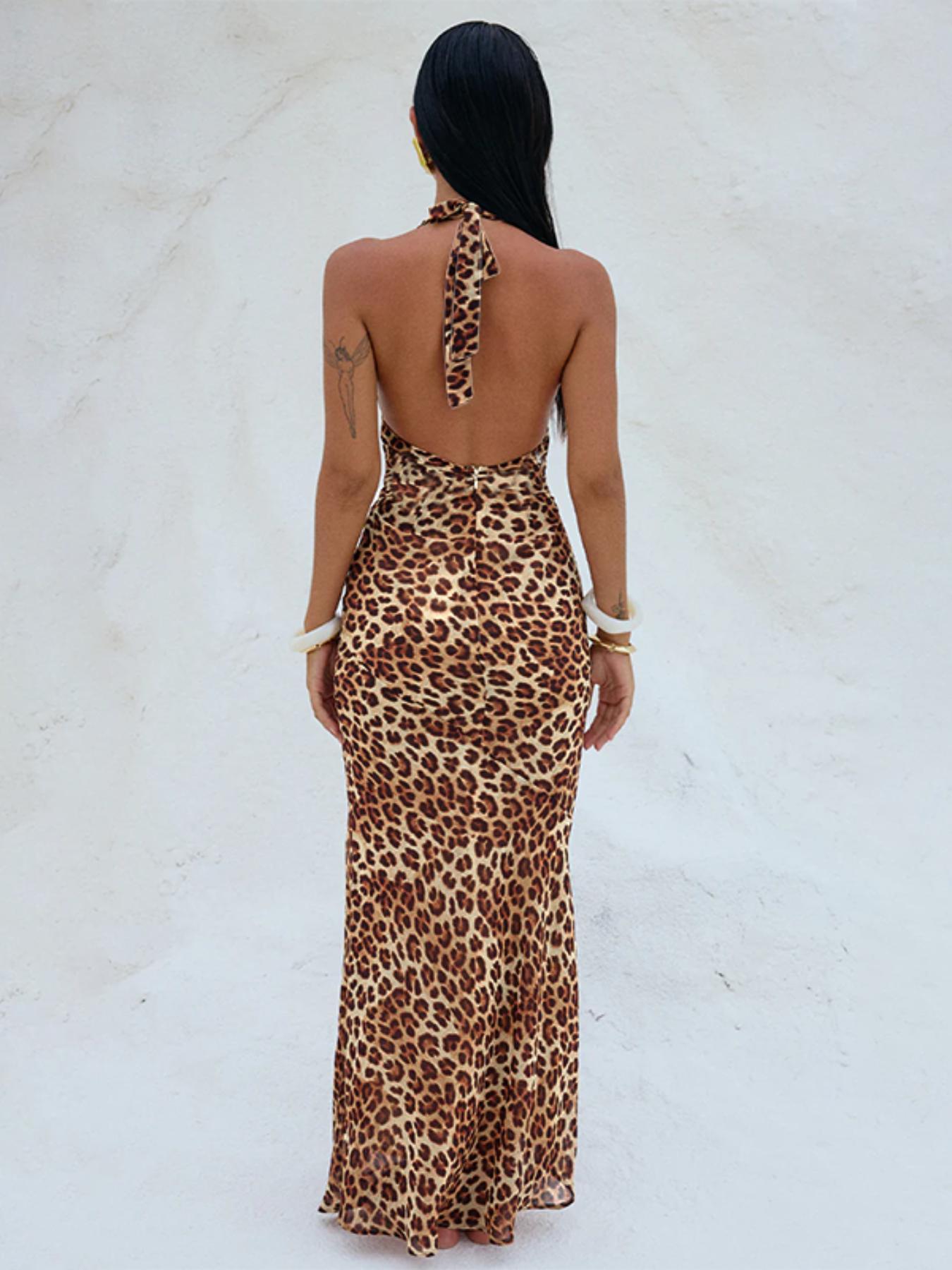 Elegant Deep V Neck Leopard Print Maxi Dress, Sleeveless Slim Fit Party Gown, Sexy Tie Back Design for Women