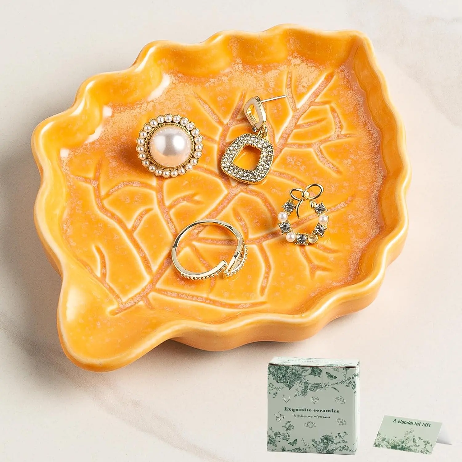 Ceramic Leaf Ring Dish,  Trinket Tray with  Box | Holds rings, earrings, necklaces, , , and hair clips in  easy-to-see spot for daily use at