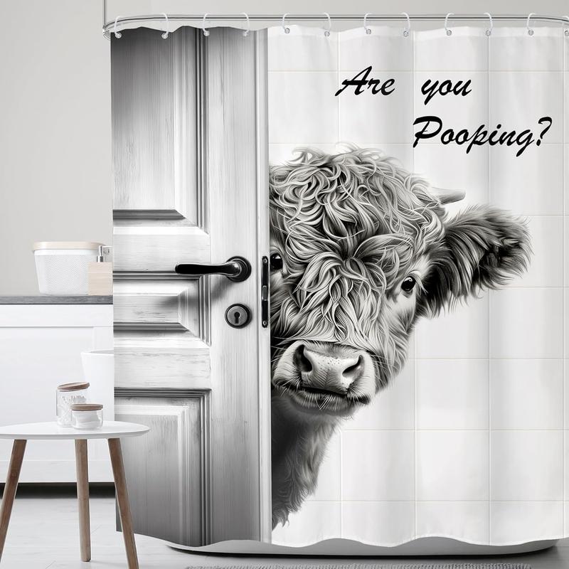 PAUSEBOLL Vintage Funny Highland Cow Shower Curtain with 12 Hooks, Retro Farmhouse Green Plank Door Bath Curtain for Farmhouse Highland Cow Bathroom Decor Waterproof Fabric,