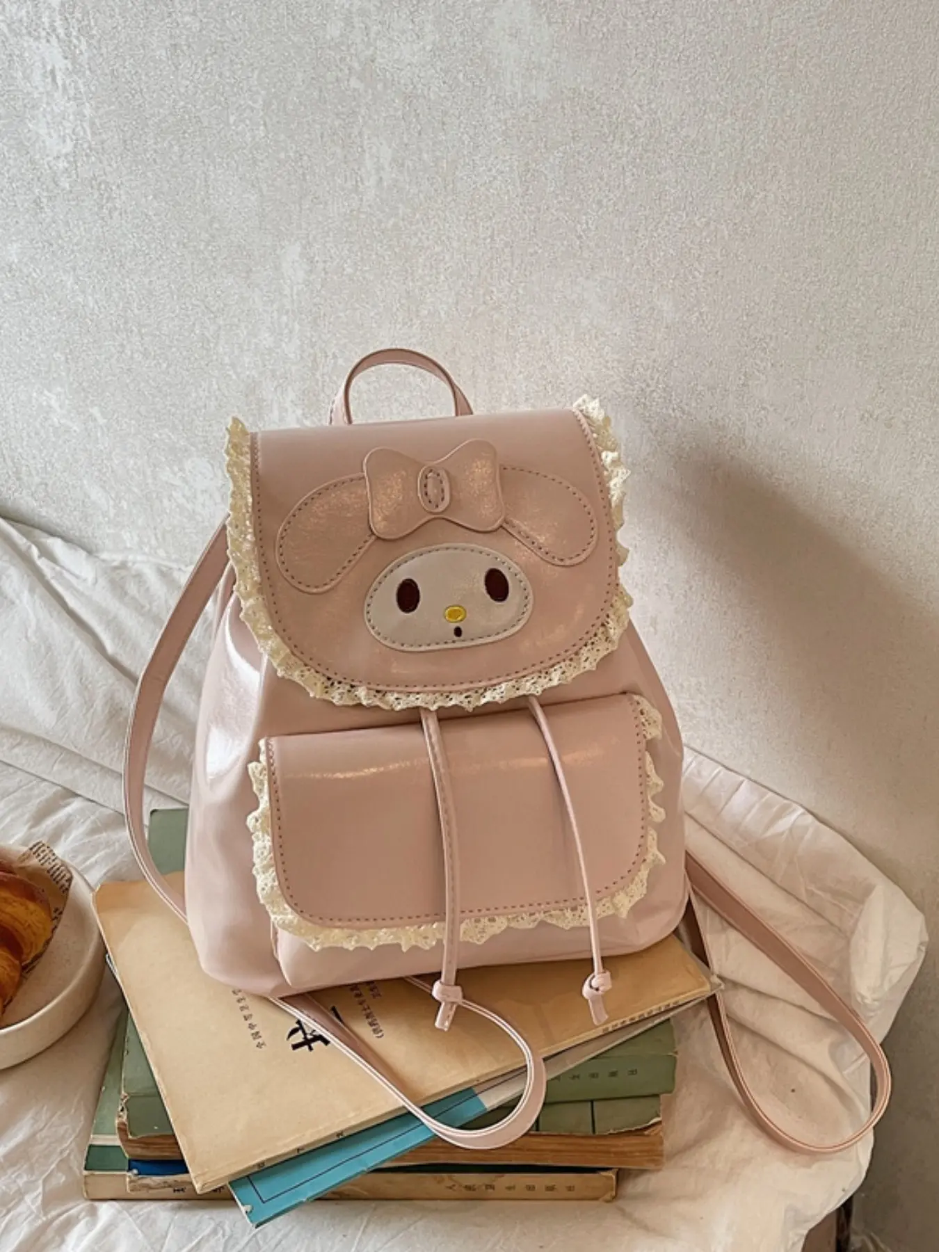 Cartoon Patch Drawstring Backpack, Lace Trimmed Lid and Front Pocket, Butterfly Knot and Cartoon Embroidery, Adjustable Straps, Dual Compartment Design