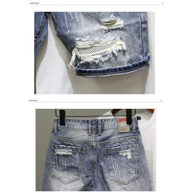 Men's Ripped Denim Shorts for Summer  Personality versatile cropped pants in cotton fabric, casual street style ee blue Korean Loose Original Streetwear Design