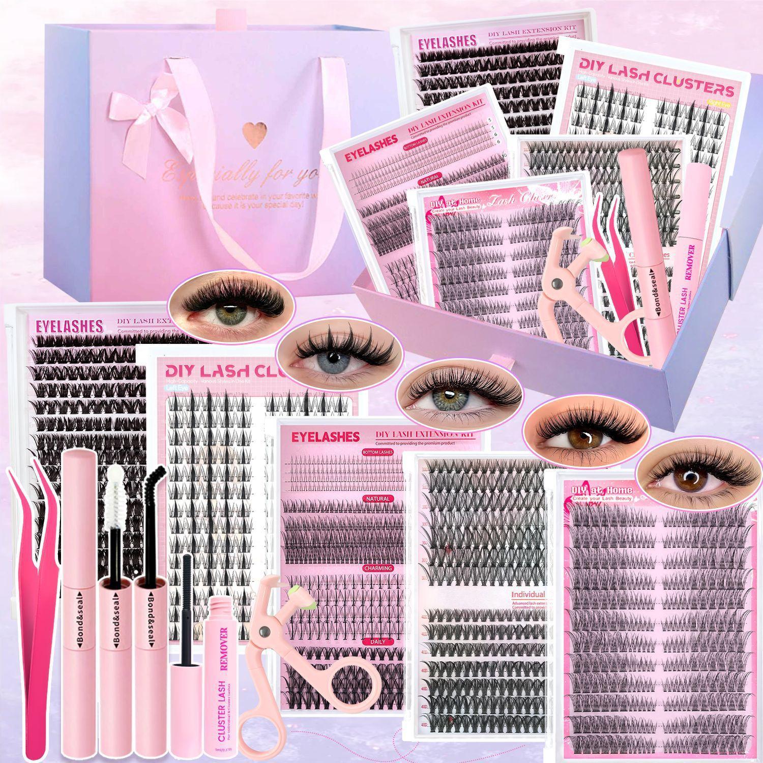 All-in-One Mixed Length Lash Clusters Kit Individual False Eyelash Extension Set, Wispy Volume Manga Ultra Dramatic Styles with Pikes Bottom Lashes, Includes Lash Bond&Seal, Remover, Tweezers, Brush, Eyelash Curler for Easy DIY At Home Lash Makeup