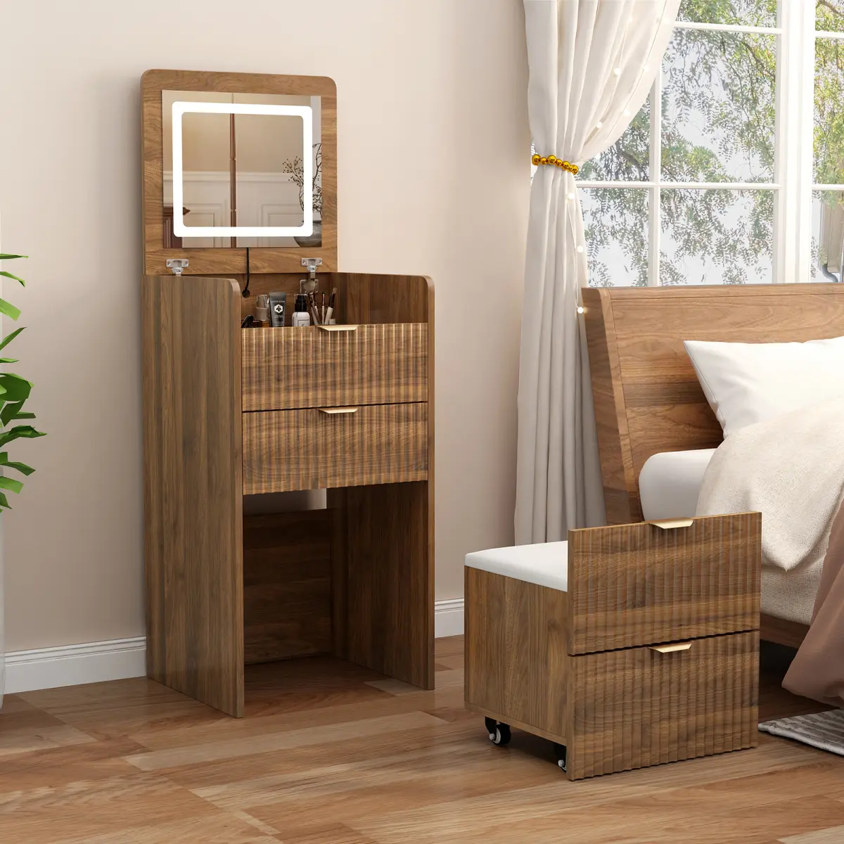 Mid-Century 3-in-1 Compact Walnut Makeup Vanity Desk with Flip-Top Lighted Mirror, 3 Drawers, and Rolling Stool, Modern Indoor Furniture, Rolling Stools