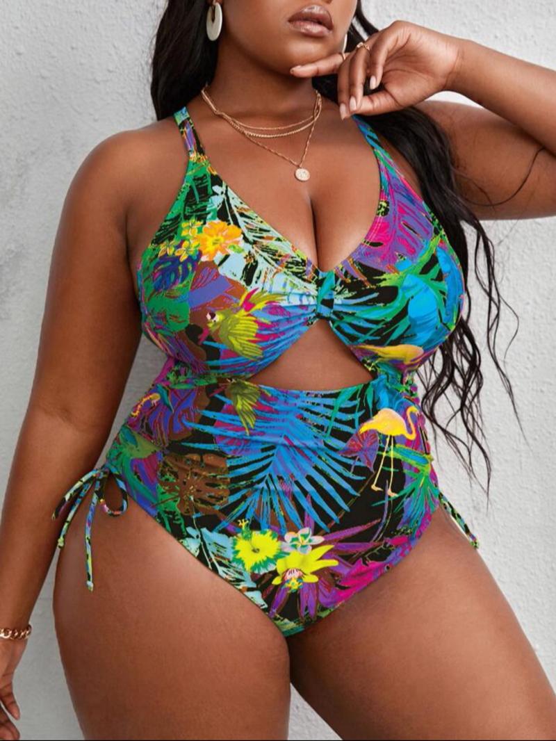 Plus Size Tropical Print Criss Cross Cut Out One-piece Swimsuit, Boho Tie Side Sleeveless Swimwear For Beach Holiday Vacation, Women's Plus Size Swimsuit For Summer, Casual Swimsuit