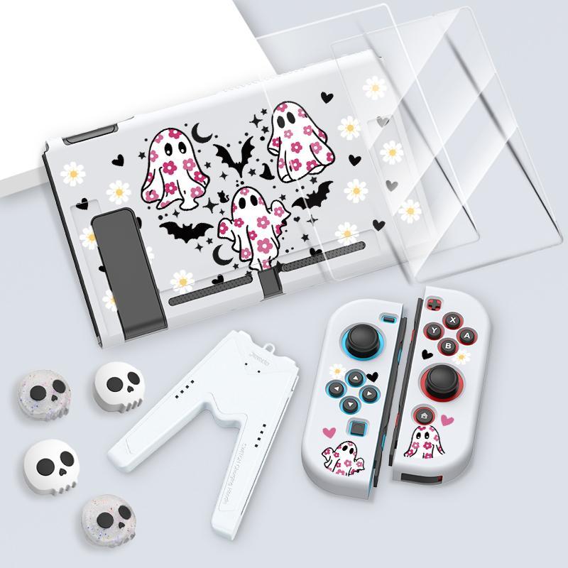 Cute Ghost Pattern Game Console Protective Case with Tempered Film & V-shaped Grip & Rocker Cap, Game Console Accessories for Switch OLED/NS/Lite
