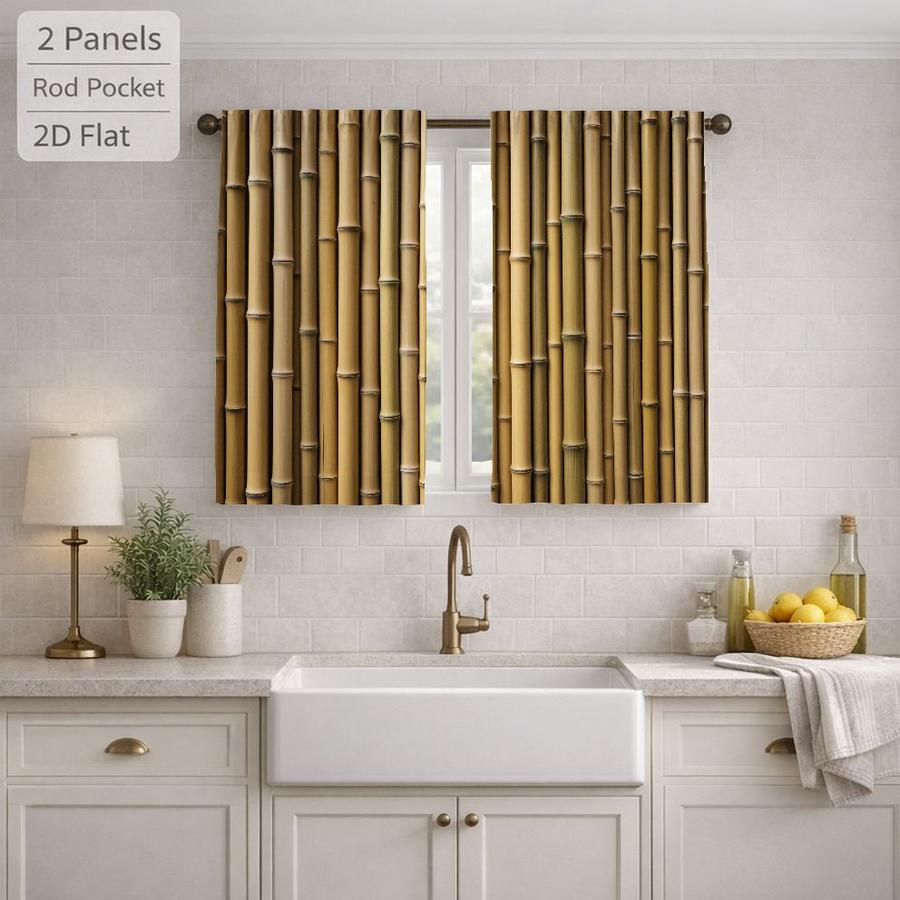 2Pcs Natural Style Bamboo Pattern Sun Blocking Curtains Digital Printed Rod Pocket, Window Treatment For Bedroom Office Kitchen Living Room Study Home Decor