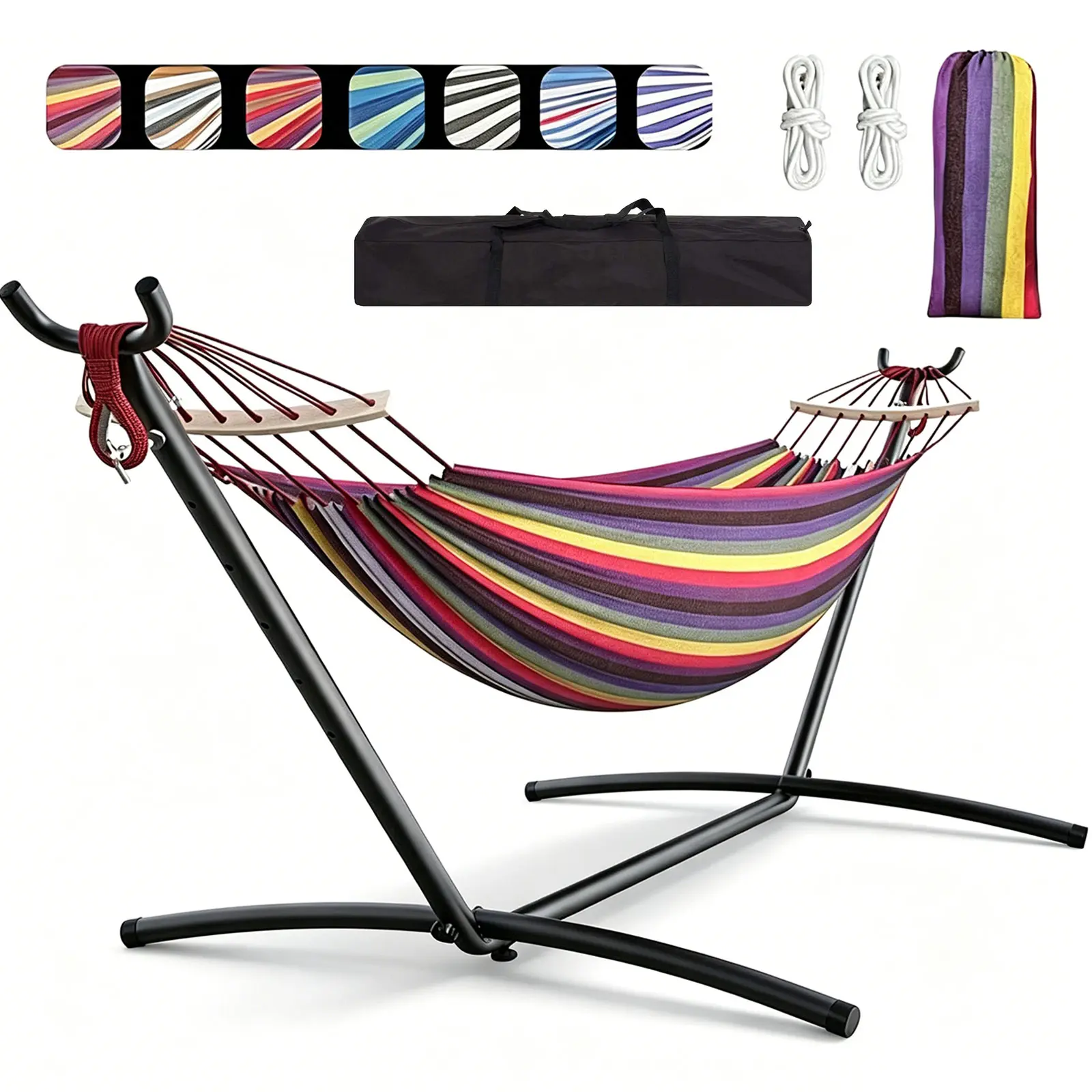 Double Hammock with Heavy-Duty Steel Stand, Space-Saving Portable Collapsible Outdoor Patio Hammock, Polyester Cotton 450 lbs Capacity with Carry Bag, Rainbow Stripes for Garden Backyard Lawn