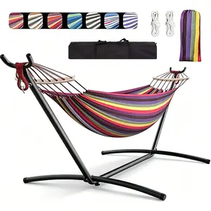 Double Hammock with Heavy-Duty Steel Stand, Space-Saving Portable Collapsible Outdoor Patio Hammock, Polyester Cotton 450 lbs Capacity with Carry Bag, Rainbow Stripes for Garden Backyard Lawn