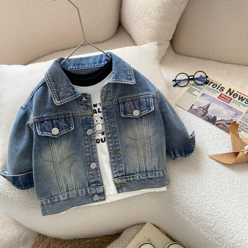 Boys' Spring Fall Denim Shirt-Style Jacket Korean Design Kids Long Sleeve Top Casual Solid Color Coat with Fiber Button Closure Stand Collar All-Season Indoor Outdoor Apparel