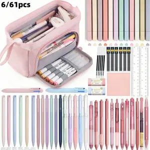 61PCS Aesthetic School Supplies With Large Pencil Case,Black Ink Gel Pens,Writing, 0.5 mm Smooth Fine Point,Mechanical Pencils Set, 12 highlighter,Sticky Notes,Stationery Bag School College for Teens Girls Adults Student.back to school.