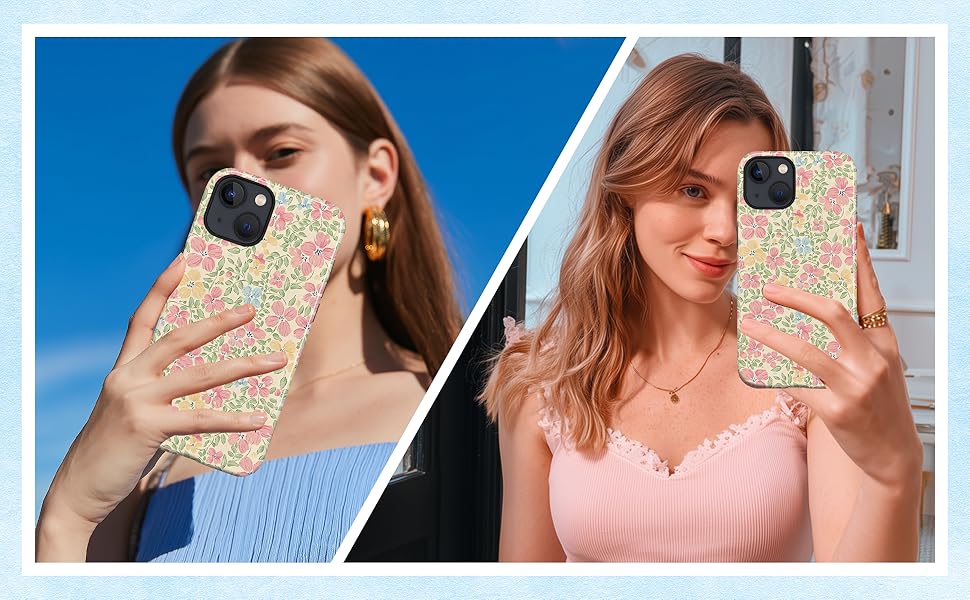 Case for iPhone 13/14,Fresh Flowers Exquisitely Pattern Double Protective Phone Cover Cases Soft Silicone for iPhone 13/14