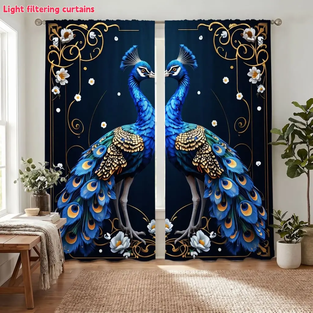 2Pcs elegant peacock curtains, Window Drapes, intricate gold floral pattern, dark blue background, digital printing, light filtering, privacy protection, perfect for living rooms, bedrooms, dining, home decor.