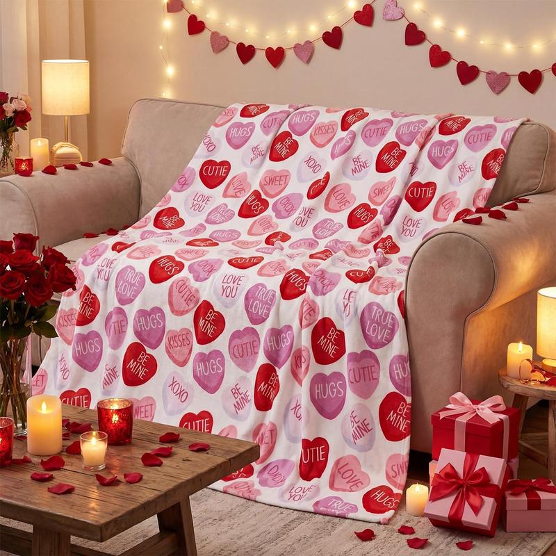 Valentine Flannel Blanket Throw, Pink Hearts with Words Soft Fuzzy Plush Cozy Fleece Blankets for Couch Sofa Bed Lounging, Ideal Gifts for Kids Adults Wife Self, 50x60