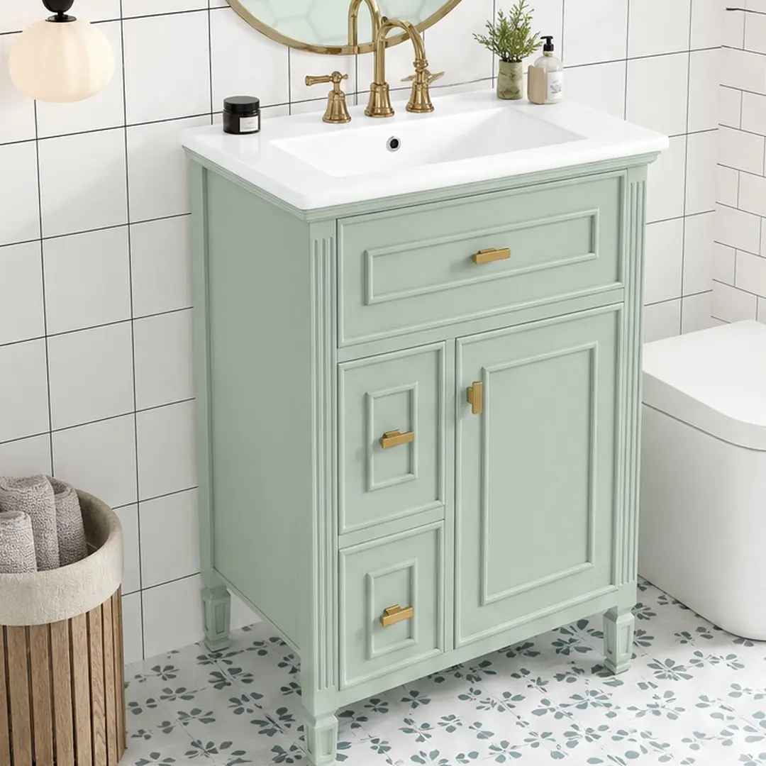 ARCH 24-Inch Bathroom Vanity with Sink, Solid Wood and MDF Freestanding Floor Cabinet, Green/Black Color Options, One Flip Drawer, Two Standard Drawers, Adjustable Shelf, Ceramic Basin with Overflow, Bathroom Storage Organizer, Black/Green Color Opti