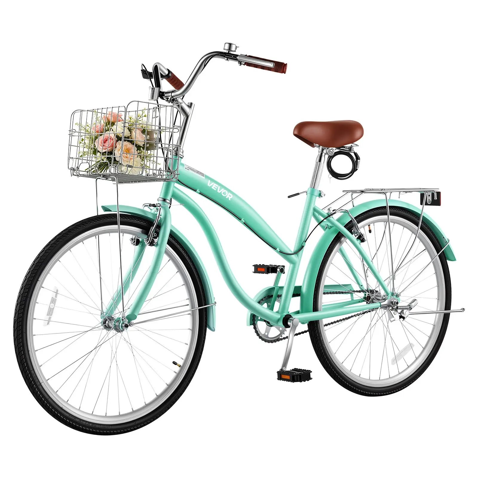 VEVOR Women Bike, 26 in Beach Cruiser Bike, Single-Speed Adult City Bicycle with Steel Frame, 330 lbs Capacity, Basket, Rear Rack & Dual V-Brakes, Mint Green