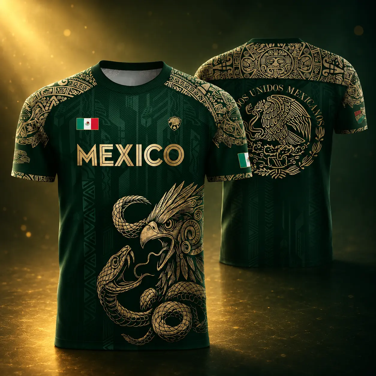 Mexican National Team Fan Soccer Shirt with Aztec Eagle Graphic, Lightweight Heritage Athletic Top, Gold Streetwear Apparel, Mexico Jersey, Soccer Jerseys,travel essentials,camping essentials