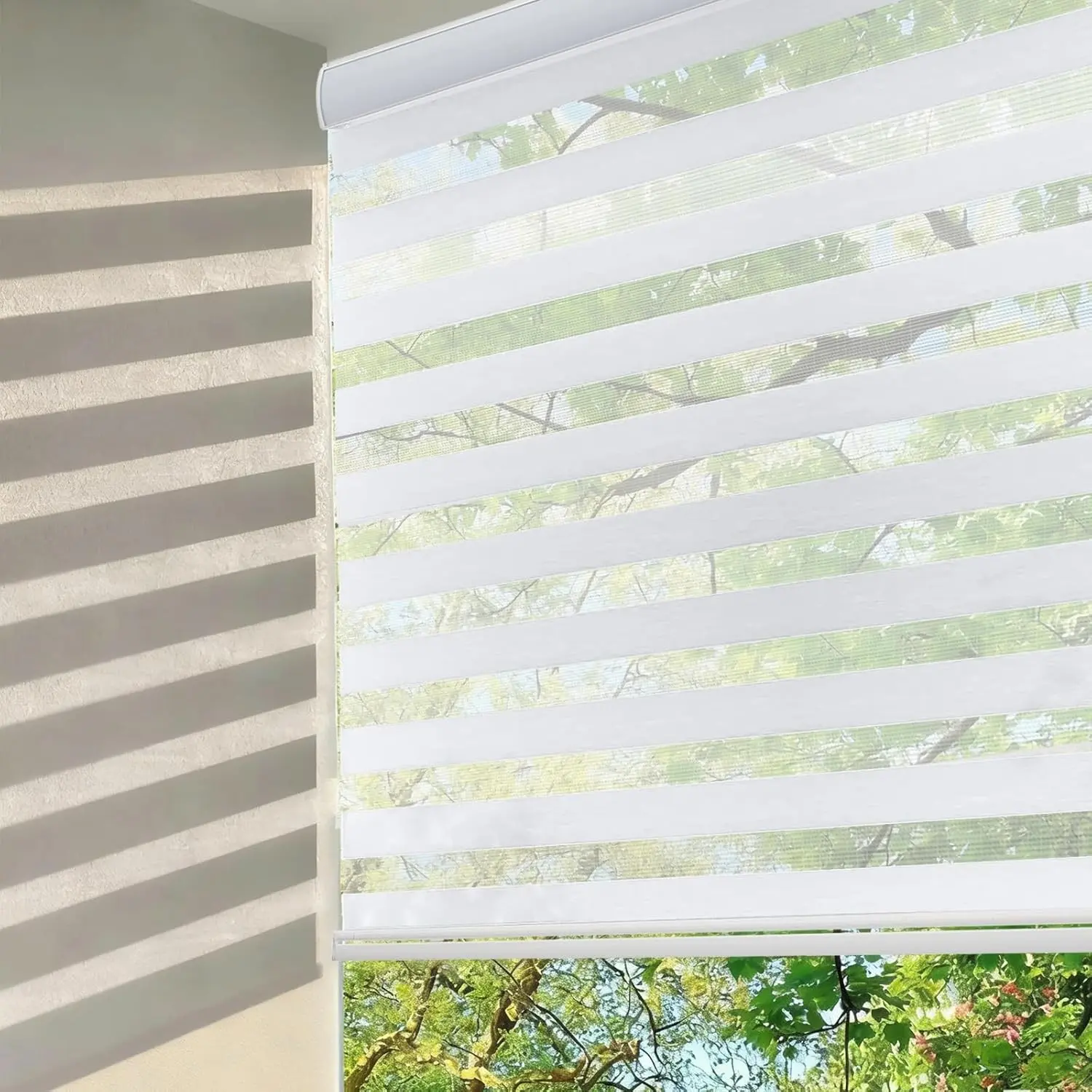 Changshade Cordless Dual Layer Zebra Blinds for Windows, Modern Light Filtering Privacy Control Easy Install Indoor Window Blinds, 30" W × 64" H, White