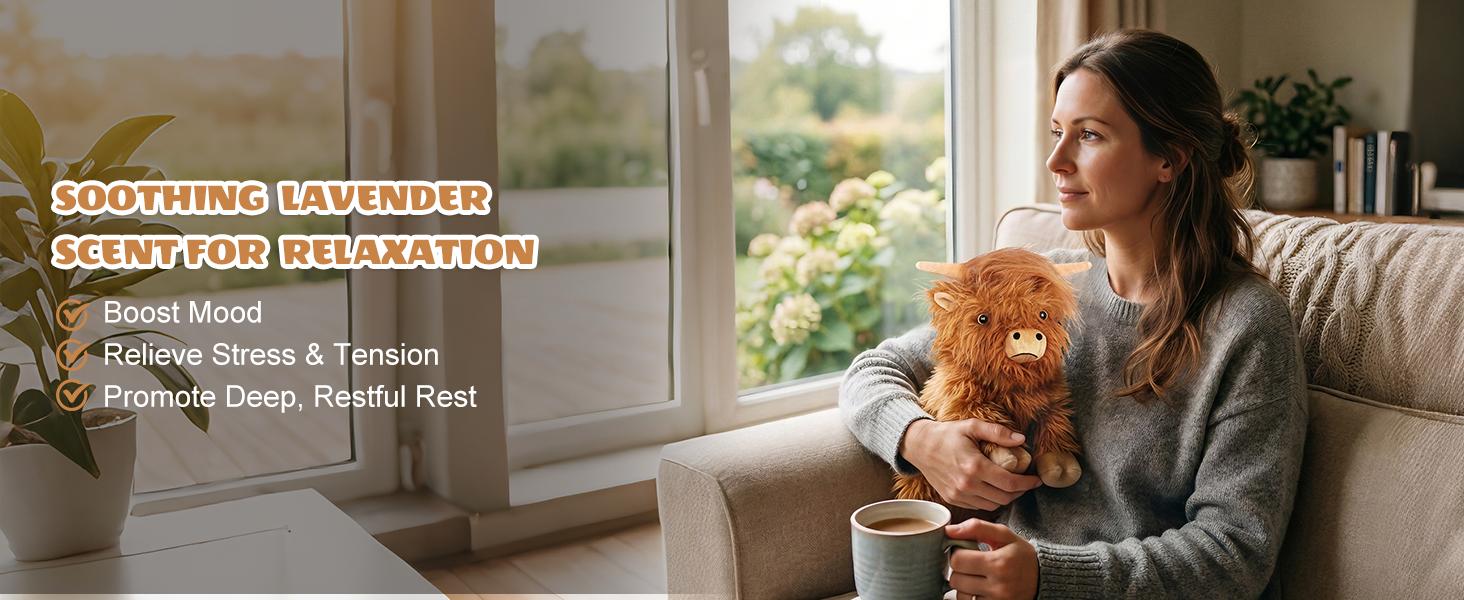 AGS Heatable Coolable Weighted Highland Cow Stuffed Animals Plushie, Microwavable Heating Pad for Period Cramps & Pain, Lavender Scented Cow Plush Toys for Stress, Highland Cow Gifts for Women