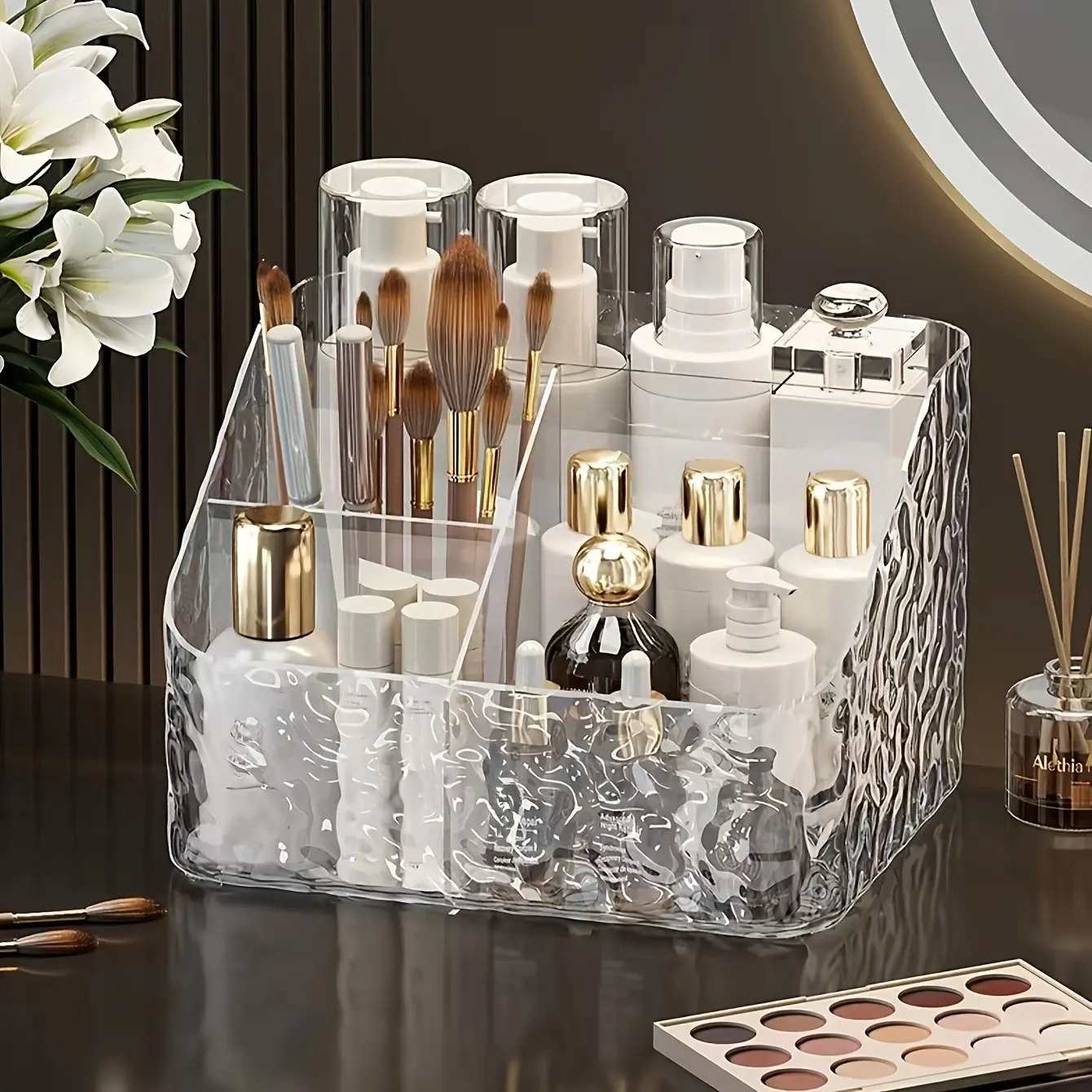 Acrylic Cosmetic Organizer Box with 4 Compartments, Transparent Makeup Storage Shelf for Bathroom and Desk, Durable Material, Fragrance-Free