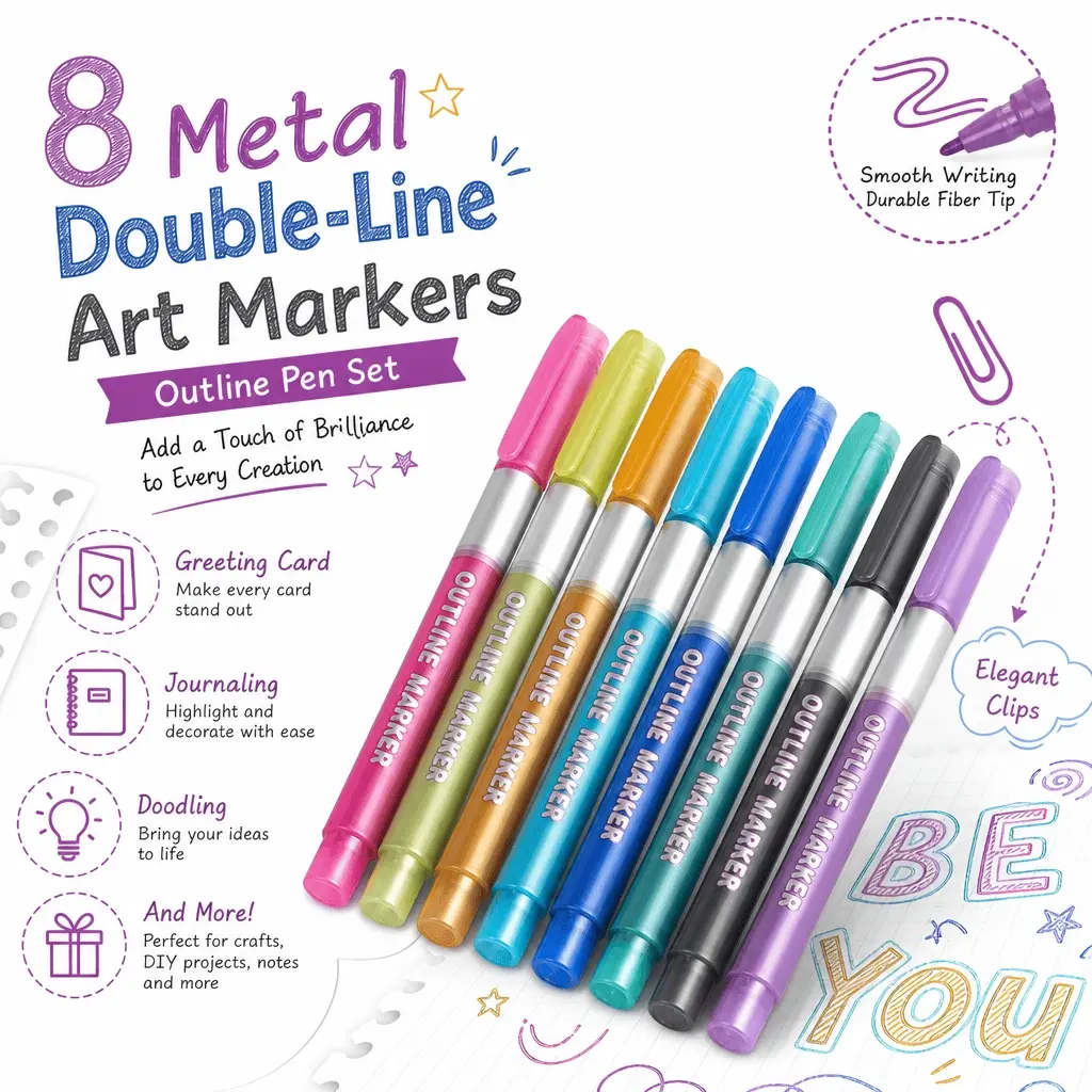 8-Color Metallic Double Line Art Markers, Dual Tip Outline & Gradient Set for Journaling, Planners, Scrapbooking, Card Making, Fade-Proof, Smooth, No-Skip & No-Bleed Ink
