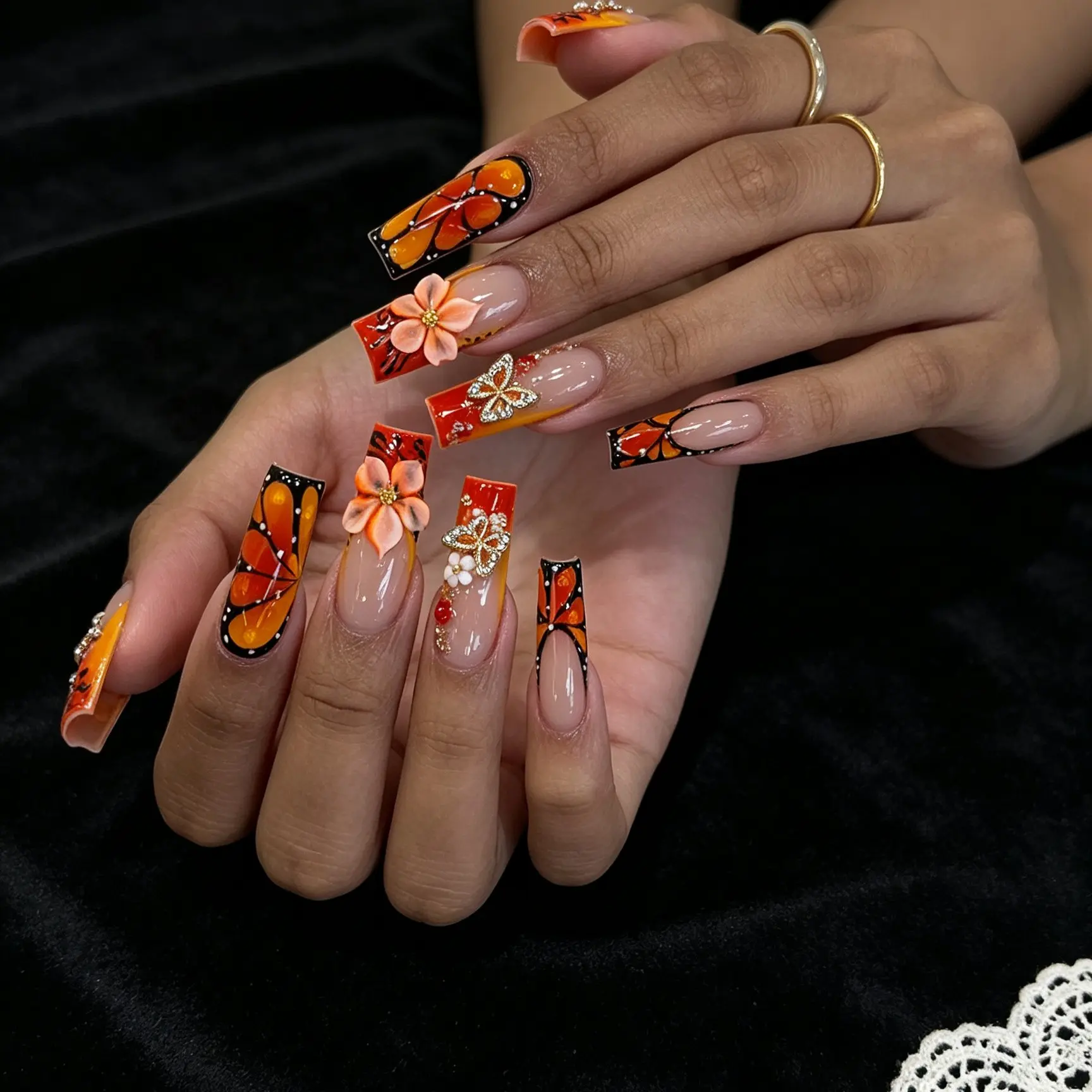 Long coffin orange & yellow gradient ombre press-on nails, Nail art products, with yellow flowers, butterfly wings, 3D dewdrop drip gel and French inlaid gold beads, sequin nails with jelly glue and nail file