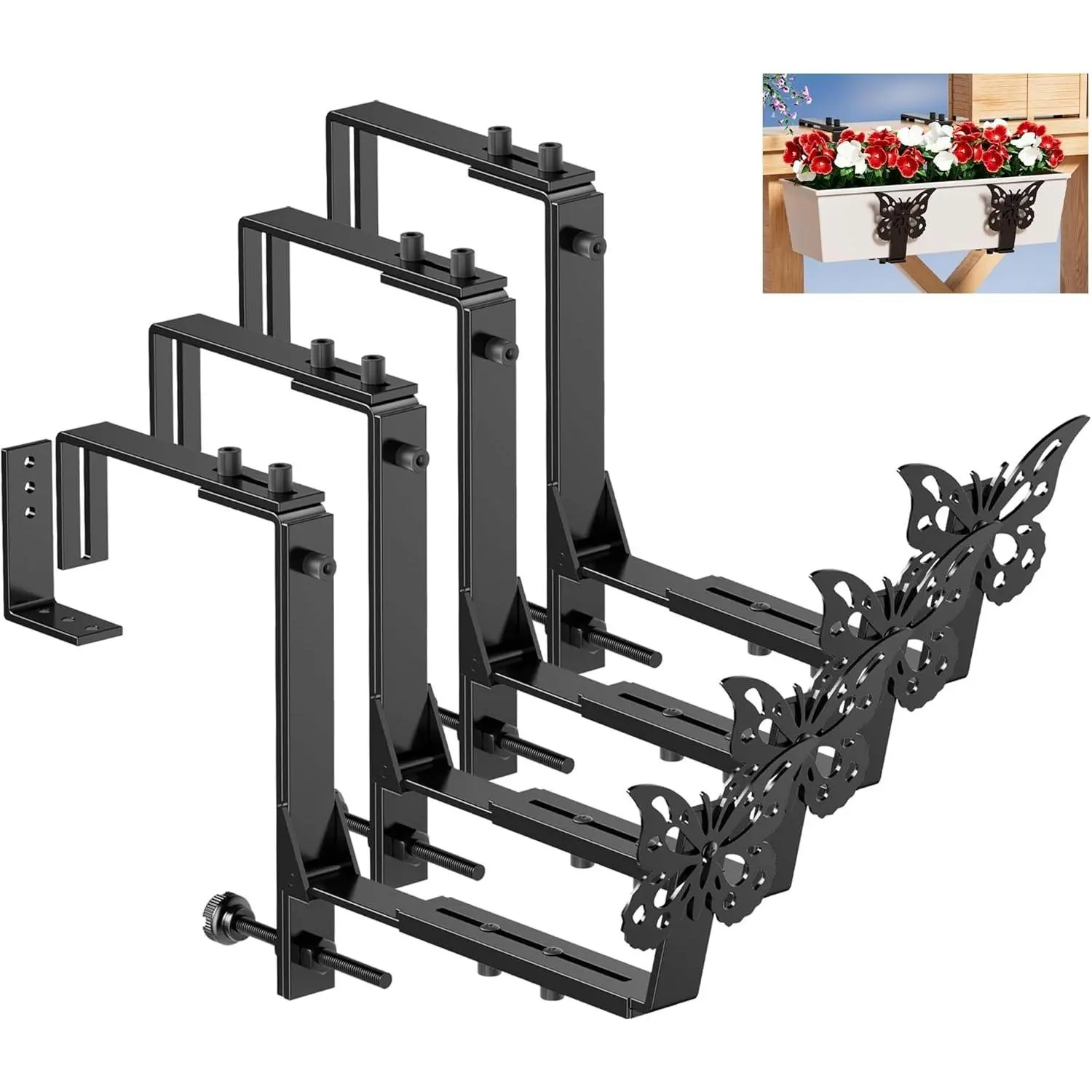 4 Pack Window Box Brackets, Adjustable Planter Box Brackets, Universal Flower Box Bracket for Deck Railing, Heavy Duty Railing Planter Bracket for Balcony, Fence and Garden - Black